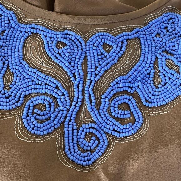 Tibi Taupe Periwinkle Blue Silk Beaded 3/4 Sleeve Blouse Top Sz 2 - Picture 5 of 15